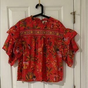 FARM Rio Coral Red Tropical Ruffle Sleeve Blouse
